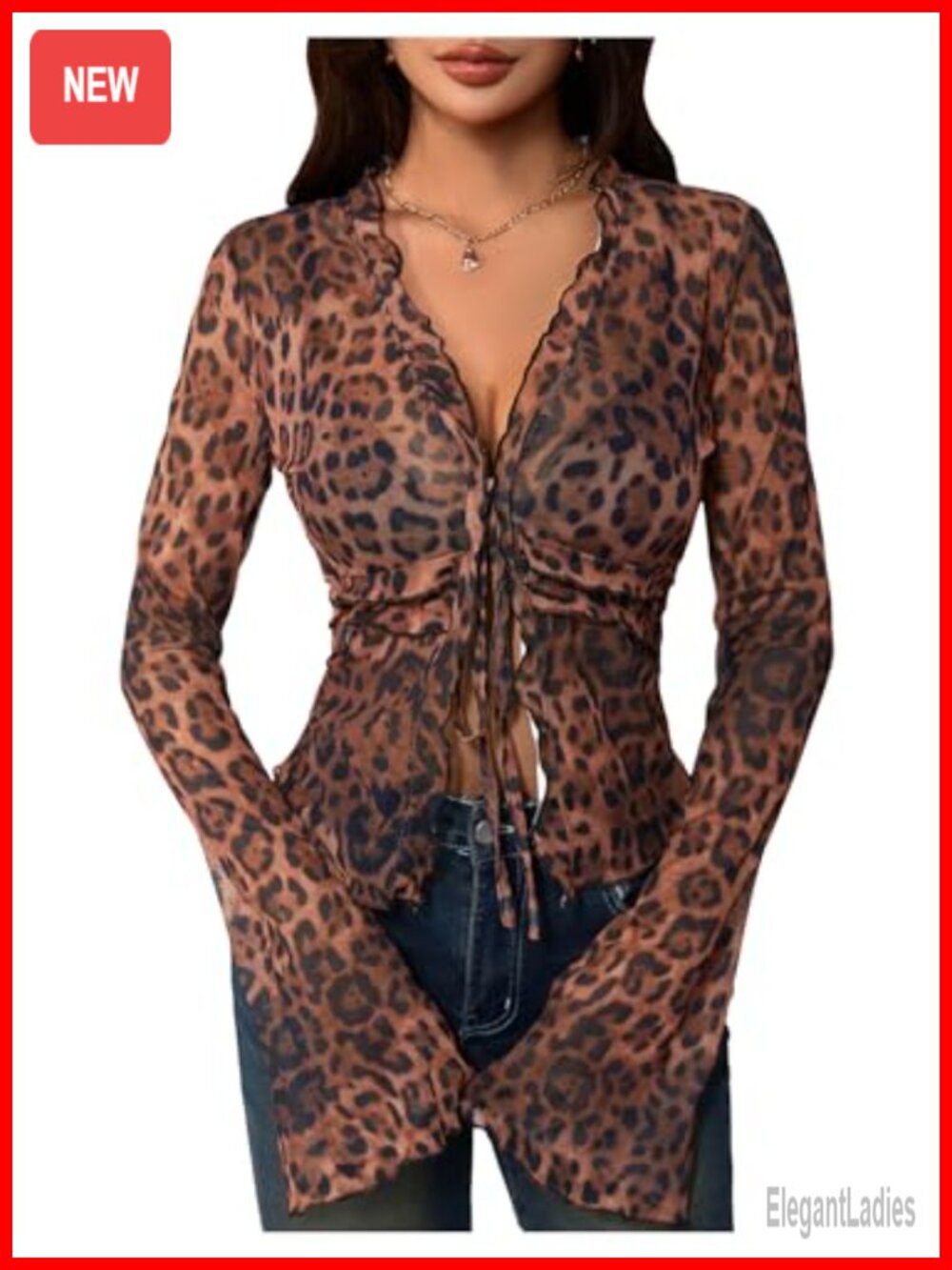 Women's Y2K Leopard Mesh V Neck Tie Front Bell Sleeve T Shirt Top